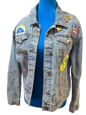 Saks Fifth Avenue Patchwork Denim Jacket Embroidered Patches USA Army Tiger
